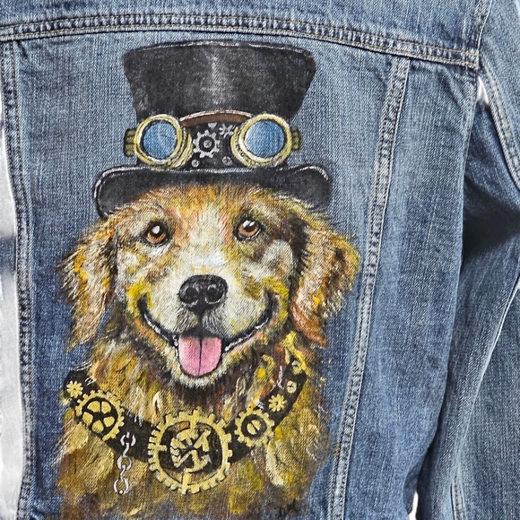 Handpainted Steampunk Dog On A Denim Jean Jacket - Picture 5 of 5